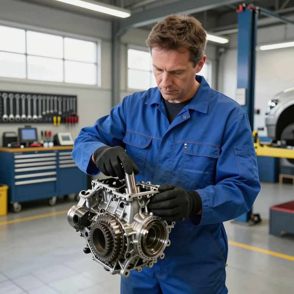 Mechanic in blue jumpsuit works on an engine inside a vehicle repair shop.