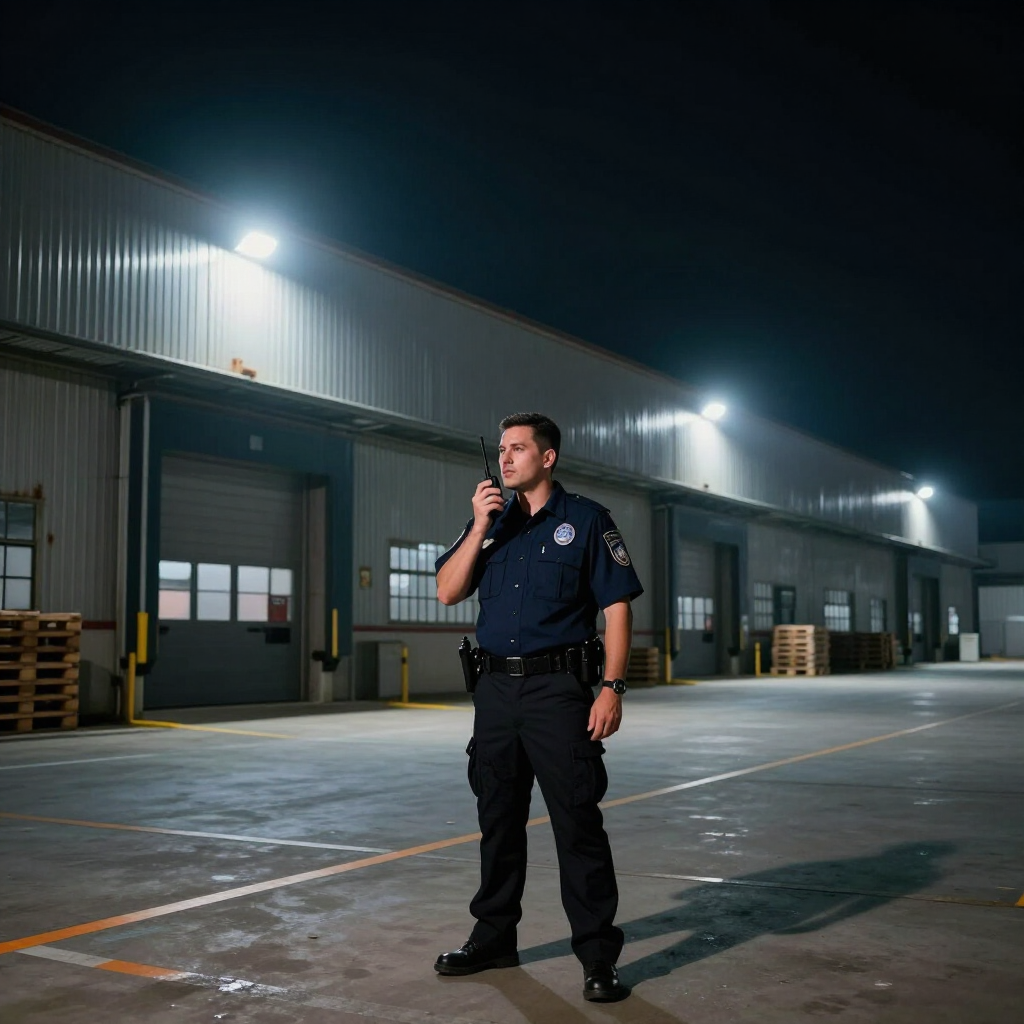 Security Guard outside warehouse