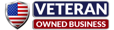 Veteran Owned Business logo with an American shield and blue, white, and red text