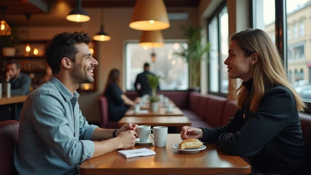 Two people talking over coffee at a warmly lit café table.