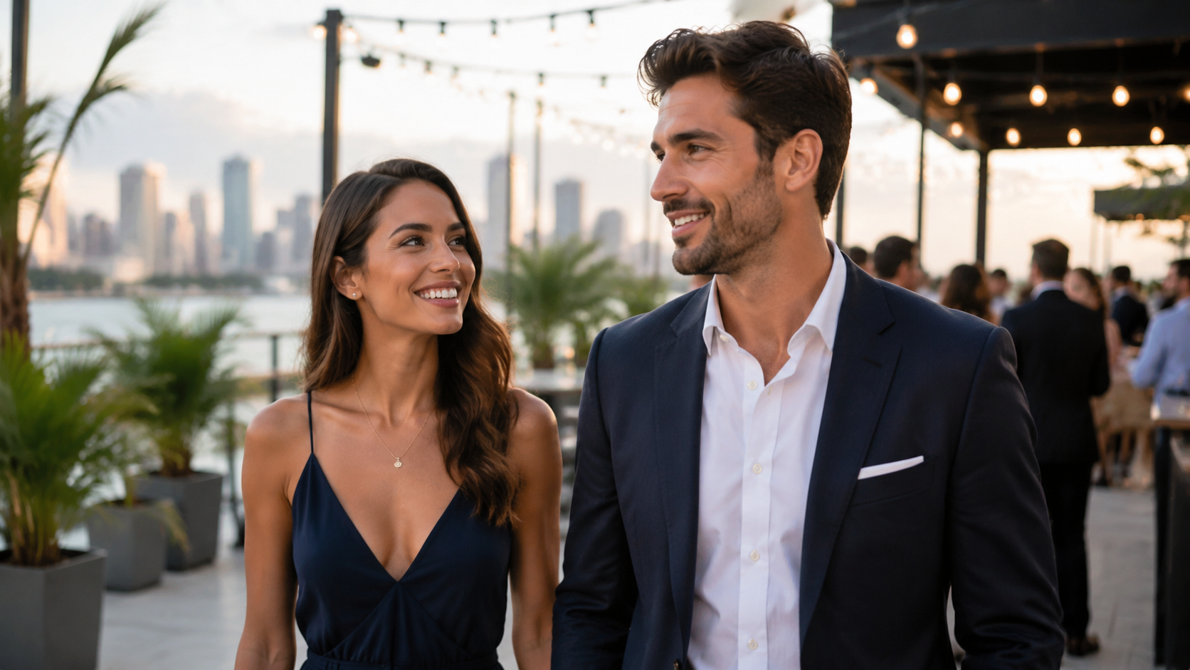 Smiling couple in formal attire walking at a rooftop event with city skyline in the background