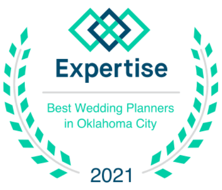 Expertise award: Best Wedding Planners in Oklahoma City, 2021. Teal and dark blue logo within a laurel wreath.