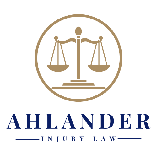The logo for ahlander injury law shows a scale of justice in a circle.