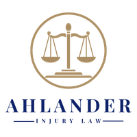 The logo for ahlander injury law shows a scale of justice in a circle.