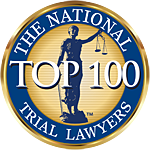 The national top 100 trial lawyers logo is a statue of justice holding scales of justice.