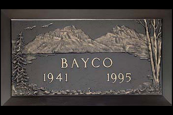 A gravestone with a picture of a lake and mountains on it.