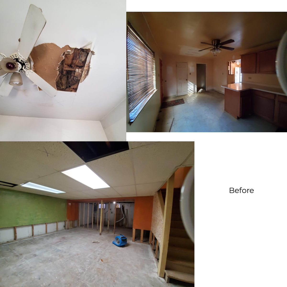 A before and after picture of a room with a ceiling fan