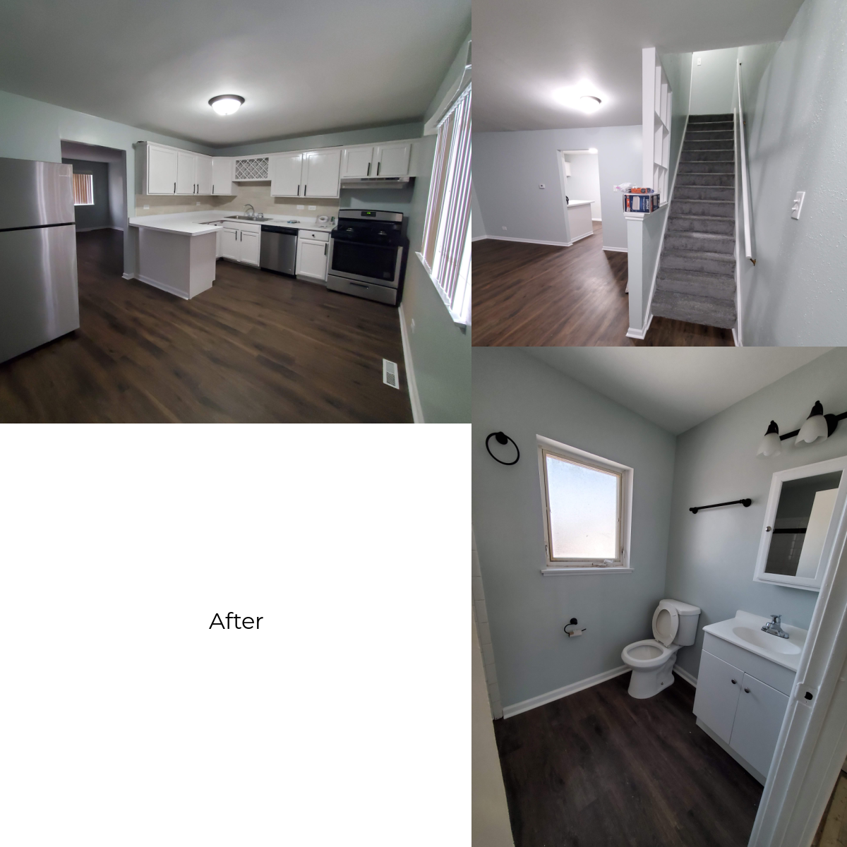 A collage of three pictures of a kitchen and bathroom