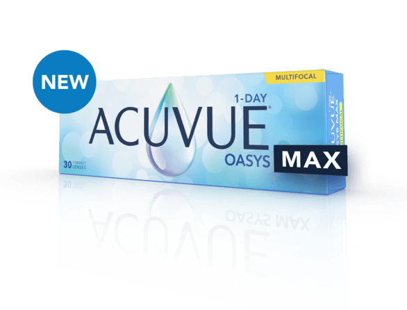 Designed to deliver crisp clear vision at all distances and in all lighting conditions, plus all-day comfort. If you have difficulty focusing up close or struggle to read in dim light and have noticed your contact lenses are not as comfortable as they used to be, ACUVUE® OASYS MAX 1‑Day MULTIFOCAL may be the contact lens for you. Designed to deliver crisp clear vision at all distances and in all lighting conditions, plus all-day comfort. If you have difficulty focusing up close or struggle to read in dim light and have noticed your contact lenses are not as comfortable as they used to be, ACUVUE® OASYS MAX 1‑Day MULTIFOCAL may be the contact lens for you.