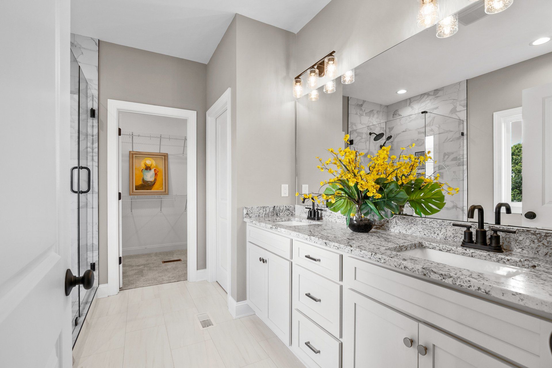 Beautiful Bathroom With Flowers — Greensboro, NC — Sparks Homes & Home Renovations Inc