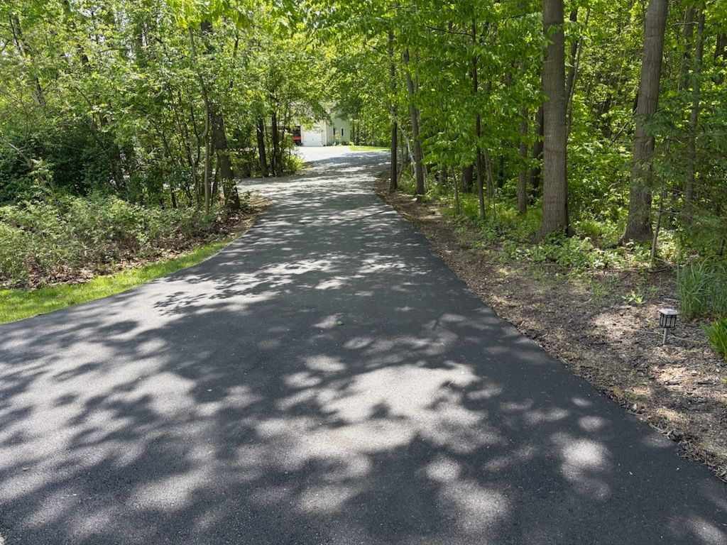 Paved path through green trees with sunlight and shadows, leading into the distance