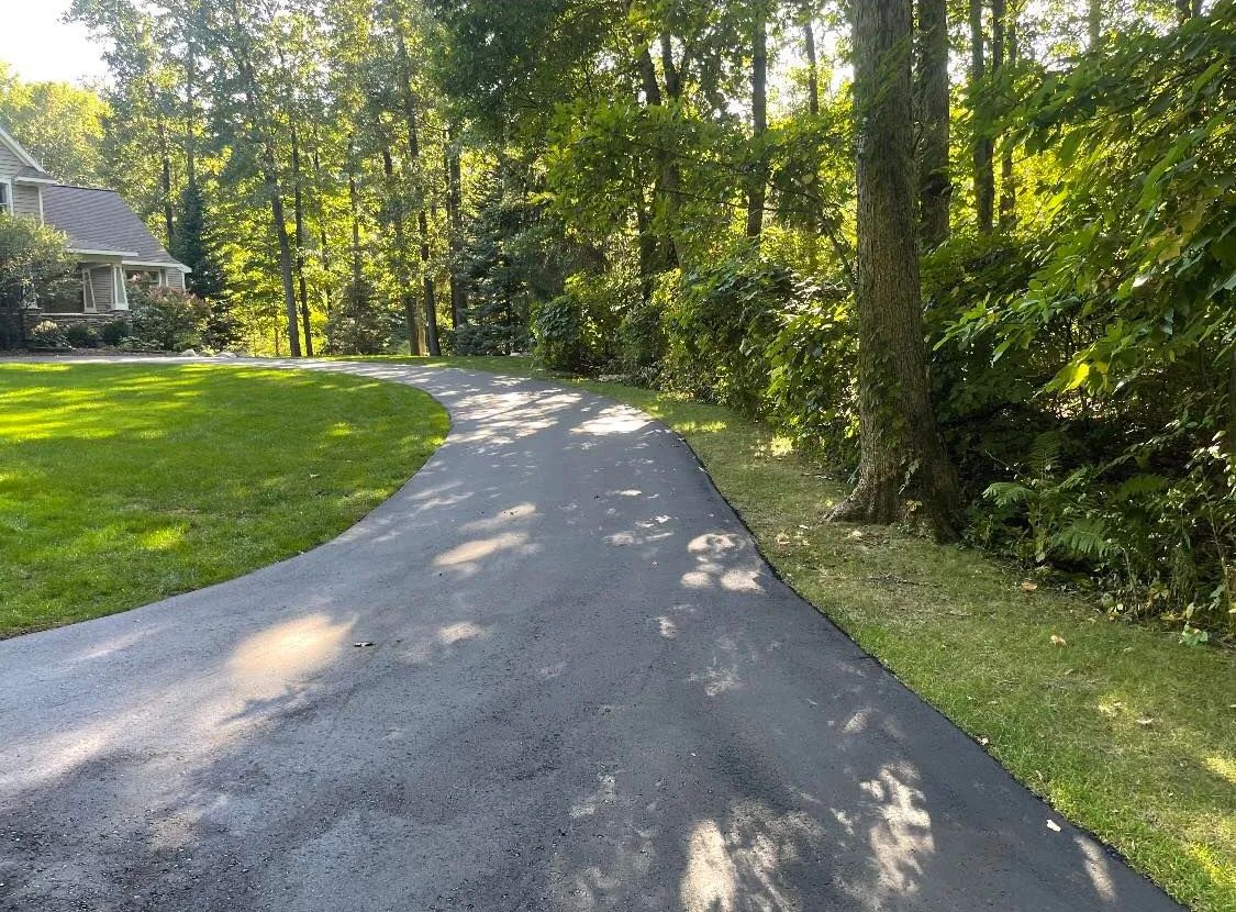 Curving paved path through a green wooded area beside a house in bright sunlight