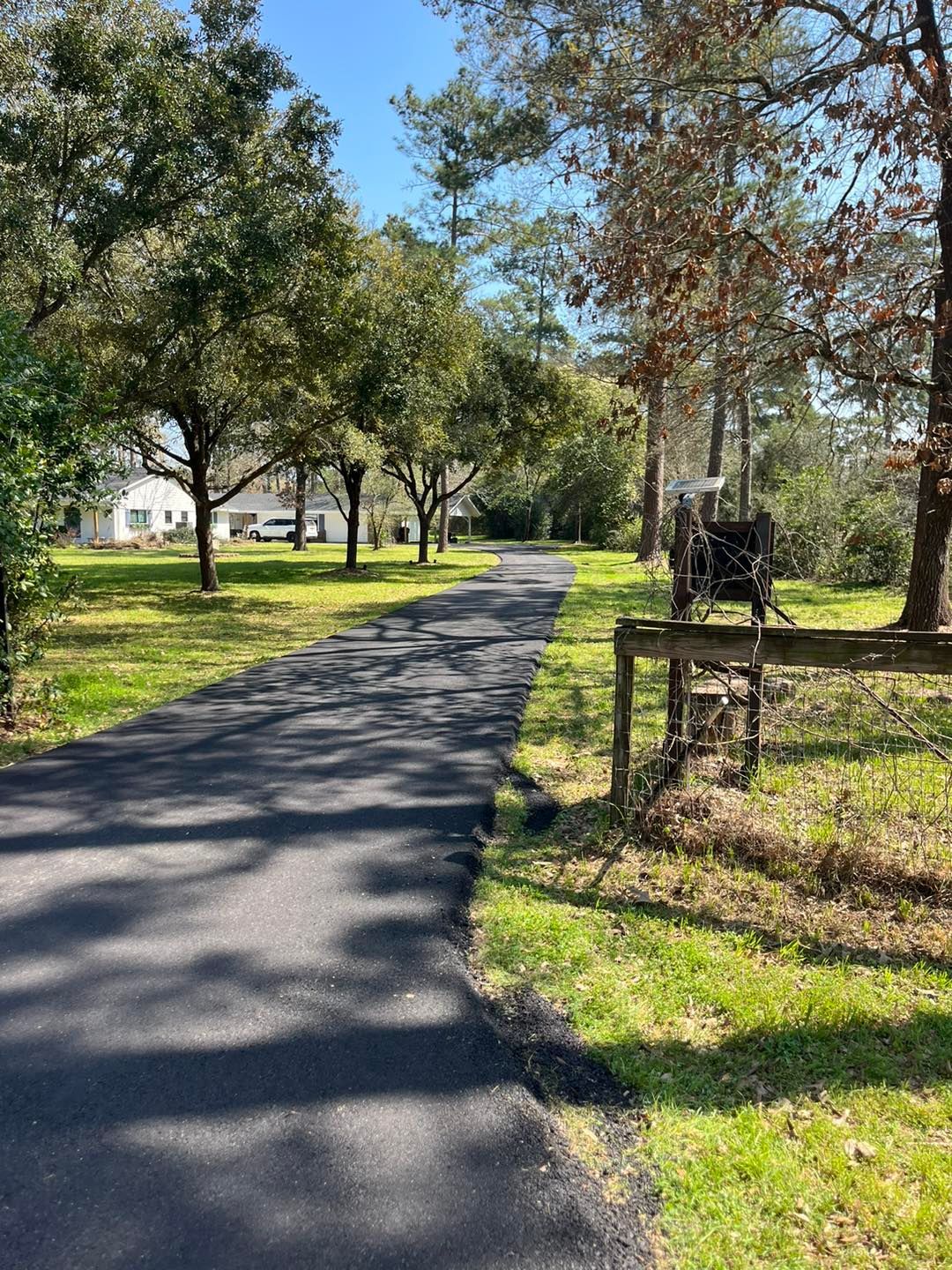 Sunlit paved path through a grassy park with trees and houses in the background