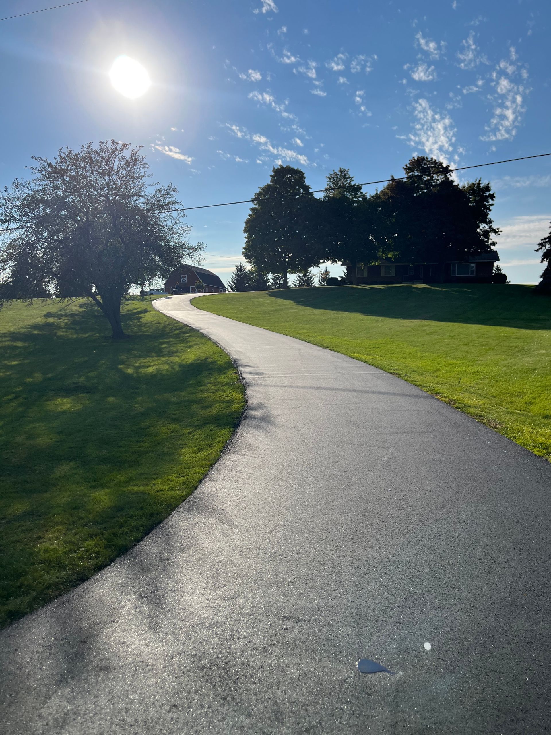 Sunlit winding path through a grassy park with trees and blue sky