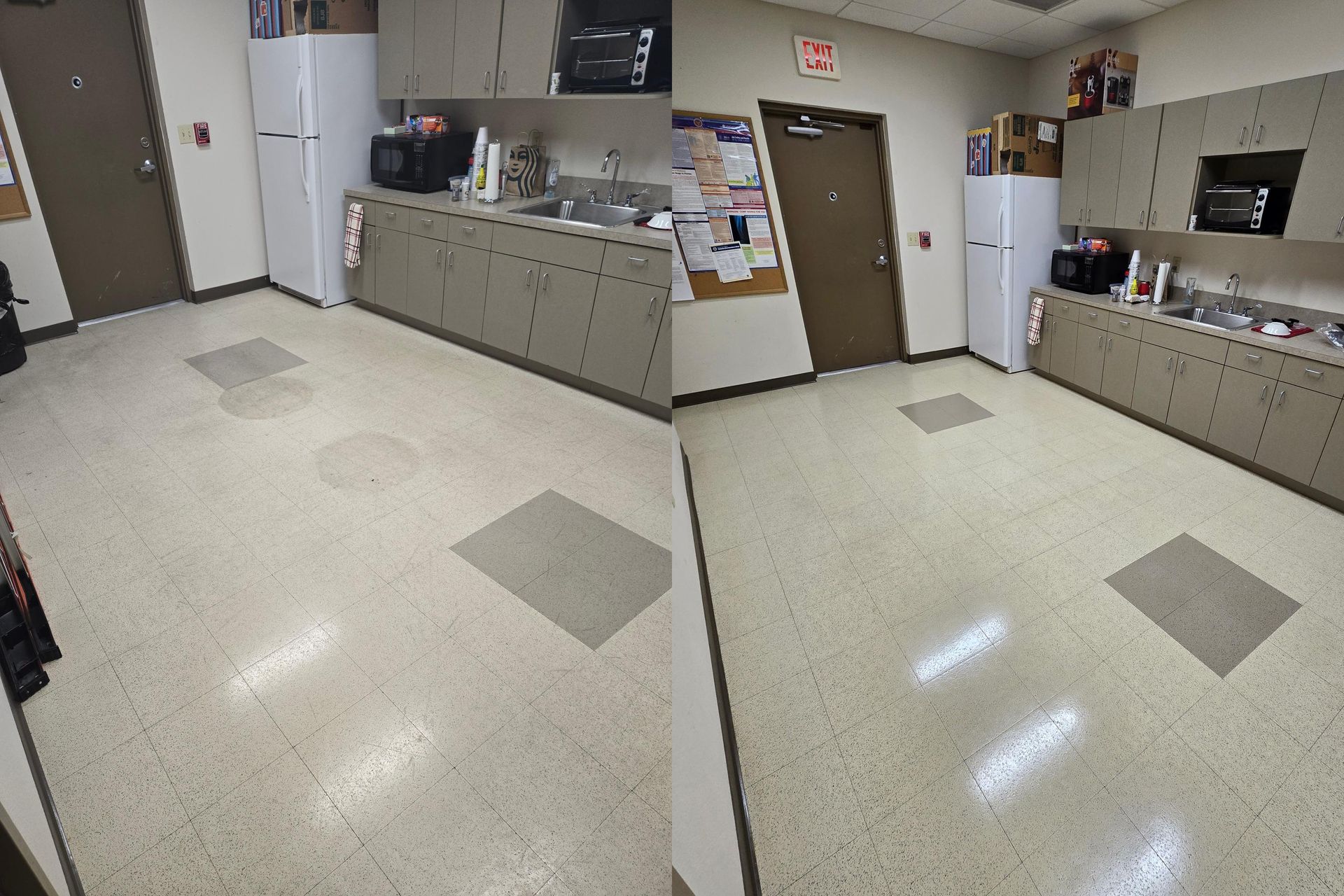 Break room with long counters, sink, fridge, and vending machines on a white-tile floor.