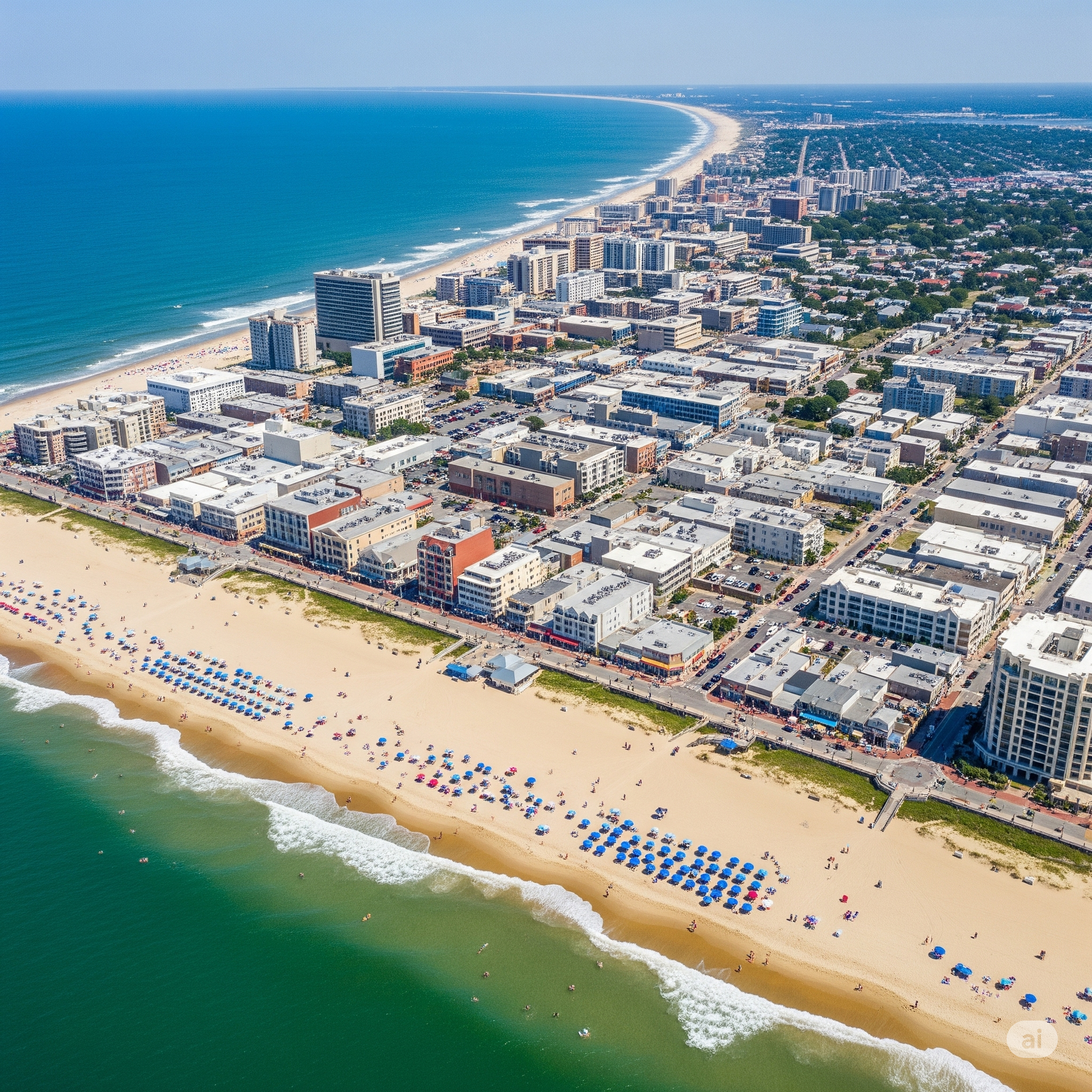 Aerial view of a Virginia coastal city with sandy beaches and oceanfront buildings