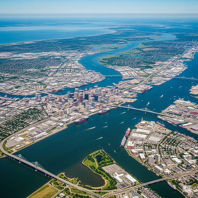 Aerial view of a coastal city with downtown buildings, waterways, and bridges