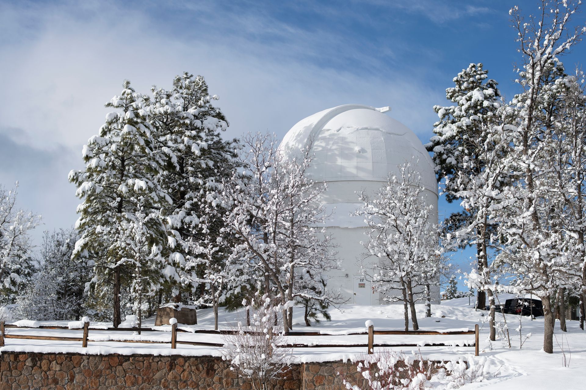 Snow-covered trees and a large white dome in a winter landscape under a blue sky.