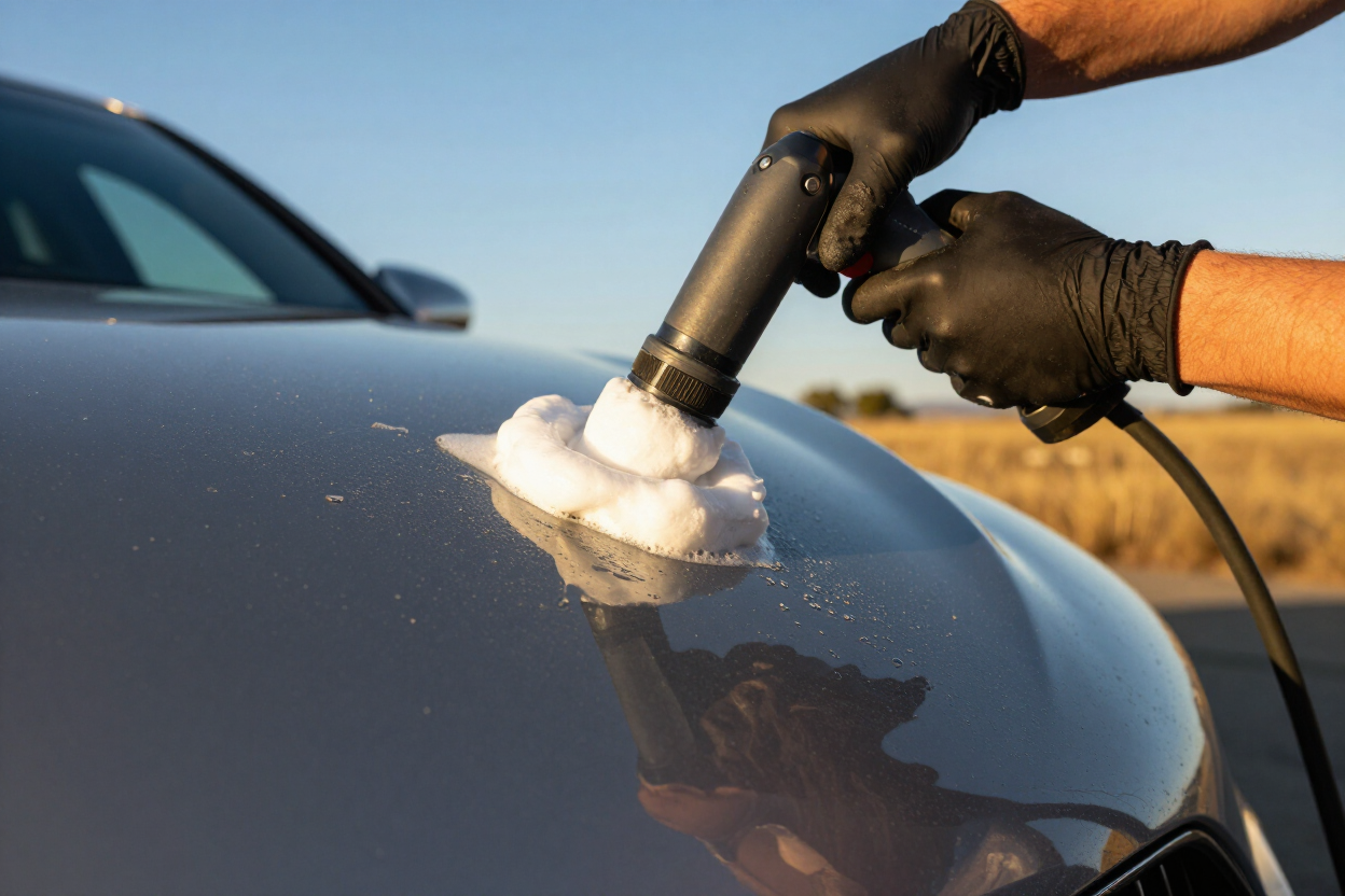 Tim Danielson applying wax to a vehicle hood in warm California afternoon light