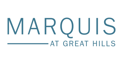 Marquis at Great Hills logo in blue text on a white background