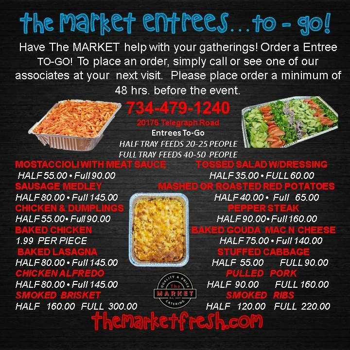 Black market-to-go menu flyer with phone number, pizza, pasta, sandwiches, and salads on dark background