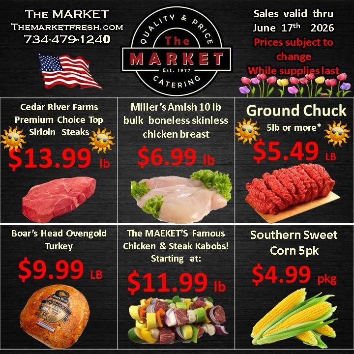 Market grocery ad with meat, turkey, and corn specials on black background with red price tags