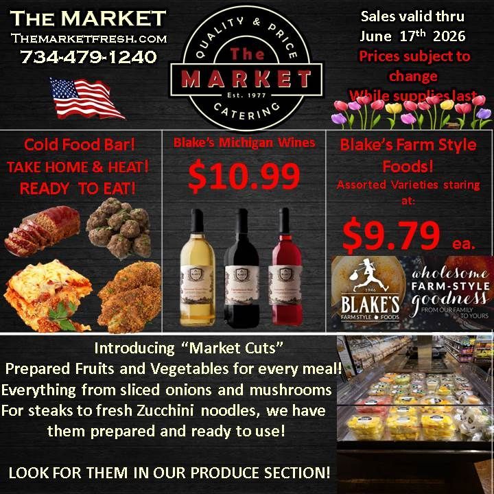 Grocery market flyer with weekly specials, red sale prices, food photos, and “The Market” branding