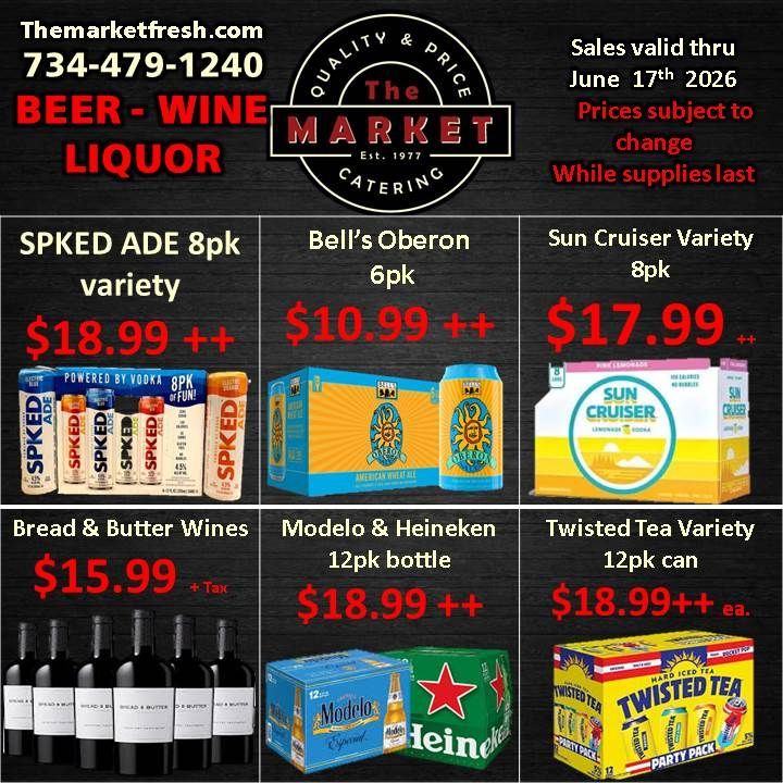 Beer and wine liquor store ad with weekly specials, product photos, and prices on a black background