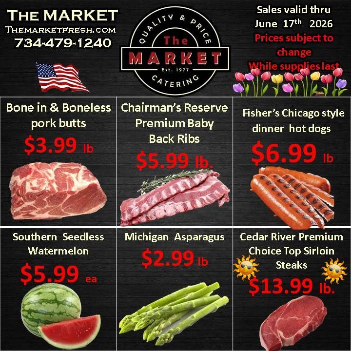 Grocery ad for The Market with sale prices on ribs, hot dogs, watermelon, asparagus, and steaks