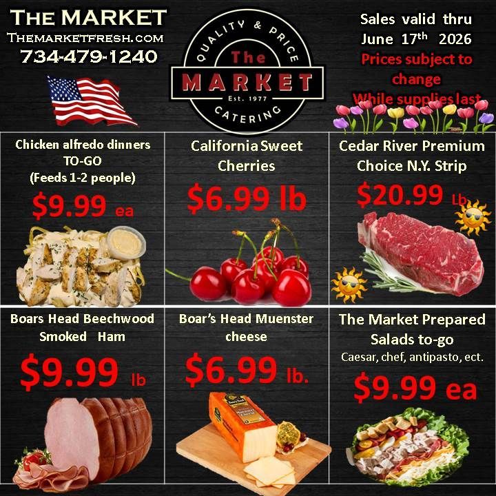 Market ad with chicken dinners, cherries, ham, cheese, and salad, each with sale prices.