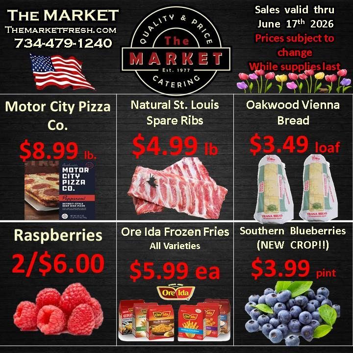 Grocery ad for The Market with sale prices on meat, bread, produce, and frozen foods, black background, red accents