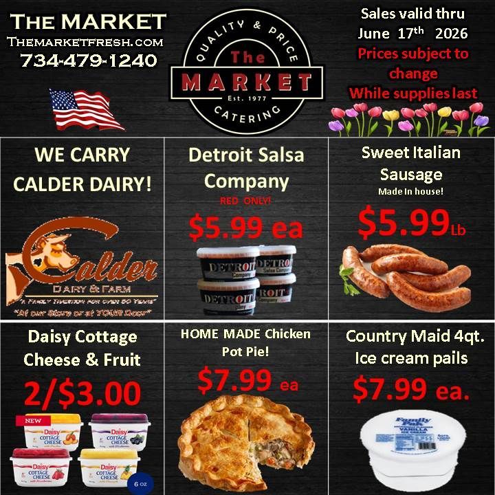 The Market grocery ad with sale prices on sausage, salsa, cottage cheese, chicken pot pie and ice cream bars