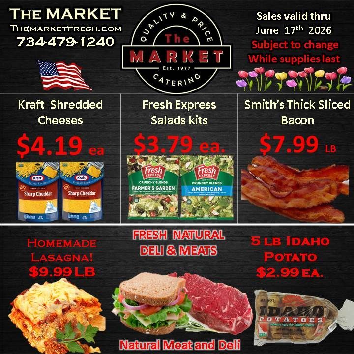 Market weekly ad with sale prices for shredded cheese, salads, bacon, lasagna, deli meats, and Idaho potatoes.