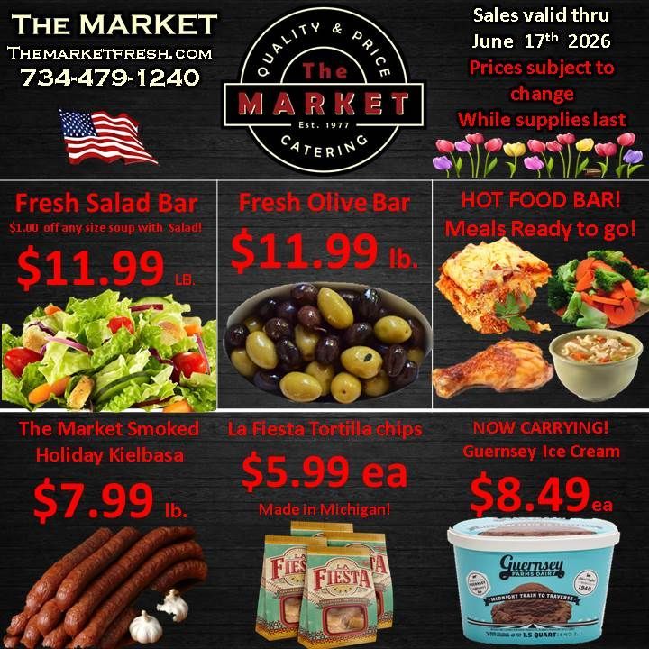 Grocery ad for The Market with sale dates and discounted fresh salad bar, olives, hot food, kebabs, chips, and ice cream