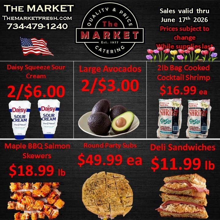 Grocery store weekly ad with red sale prices for avocados, salmon skewers, sandwiches, and sour cream.