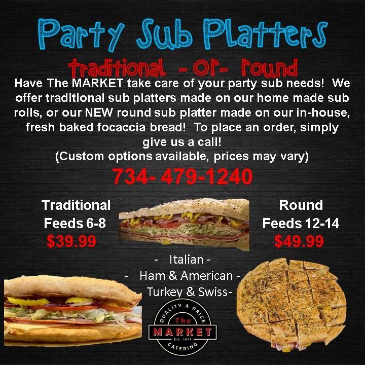 Party sub platter ad with traditional or round options, prices, phone number, and sandwich photos on a black background