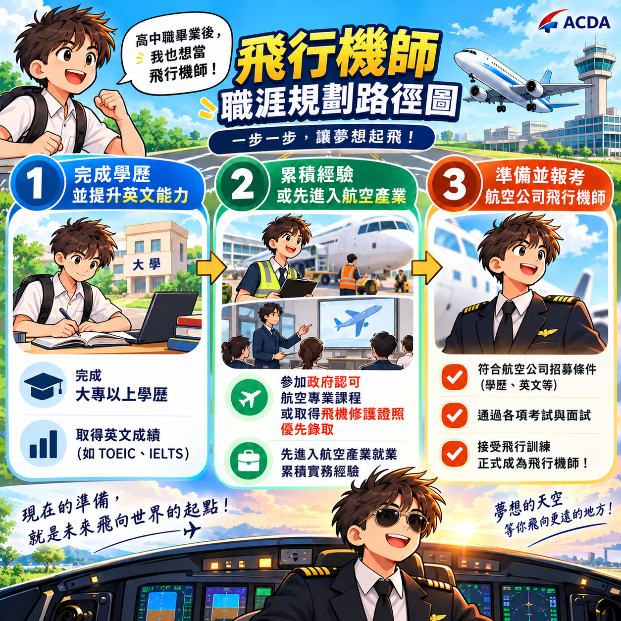 ✈️ 高中職畢業,也想當飛行機師?現在就可以開始準備!
「我只有高中職學歷,還有機會當飛行機師嗎?」
答案是:你可以先把目標拆成幾個階段,一步一步累積條件!?
? 第一步|完成學歷+準備英文