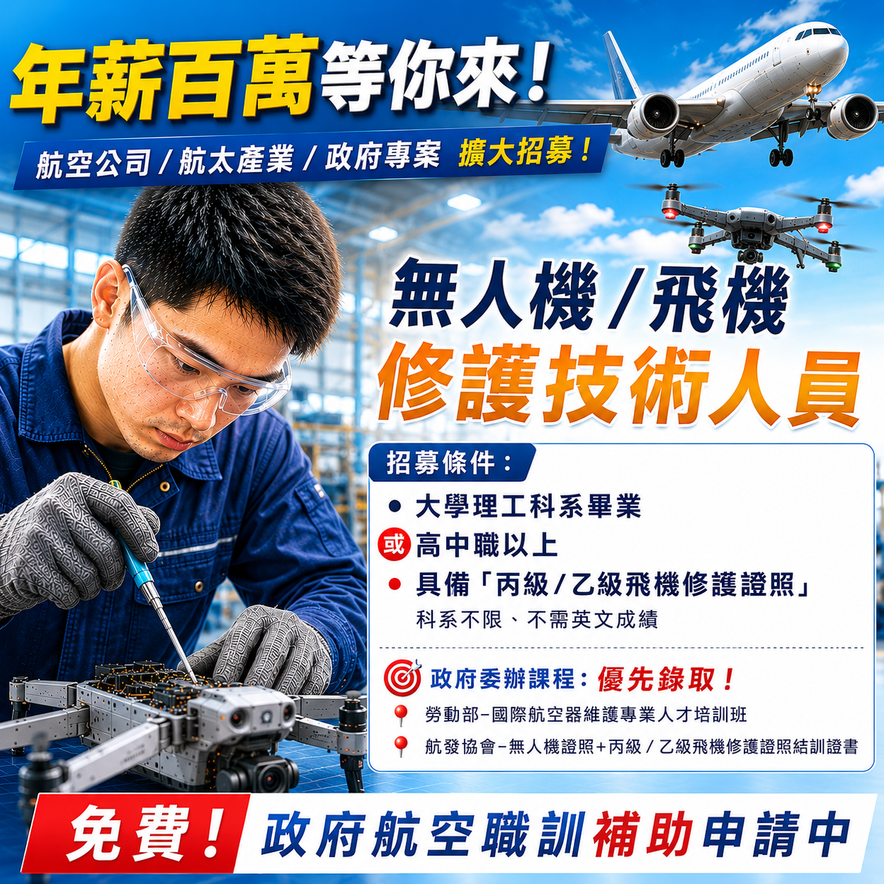 無人機、無人機證照、技能培訓、職訓課程、免費培訓、退輔會職訓