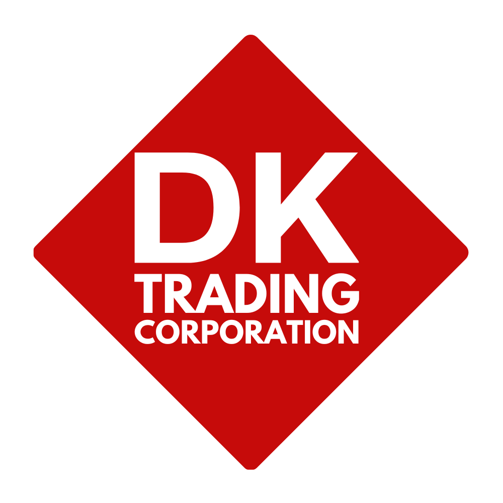 A red and white logo for dk trading corporation