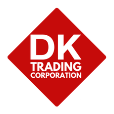A red and white logo for dk trading corporation