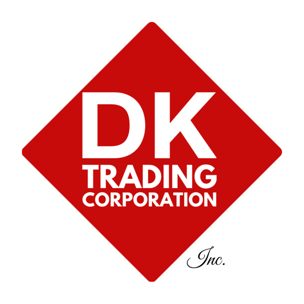 A red and white logo for dk trading corporation