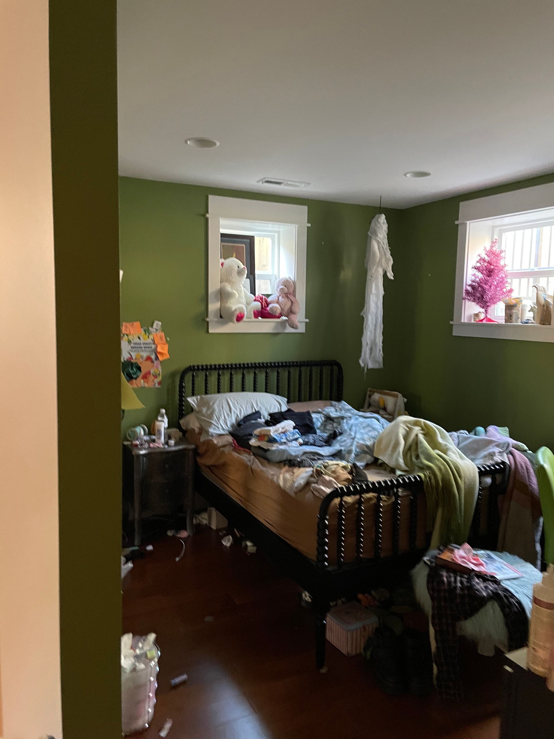 Green bedroom with an unmade bed, dark wood furniture, and two windows with plants and curtains