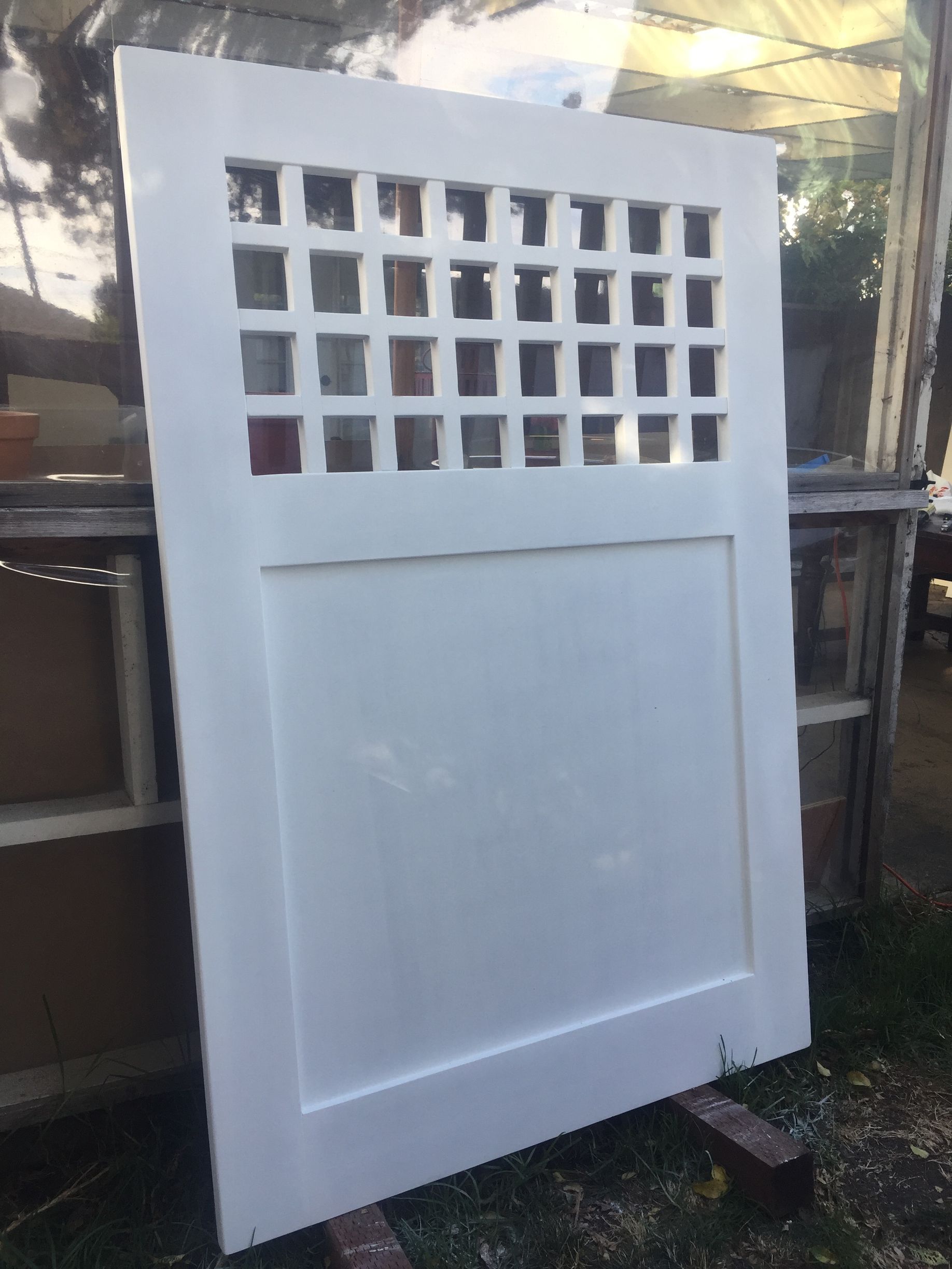 White paneled door with a grid of small square windows at the top, leaning outdoors.