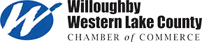 Logo of Willoughby Western Lake County Chamber of Commerce; blue "W" inside a blue circle. Text reads Chamber of Commerce.