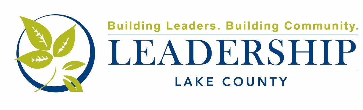 Logo for Leadership Lake County. Features a leaf design inside a blue circle, with the word LEADERSHIP in navy blue.