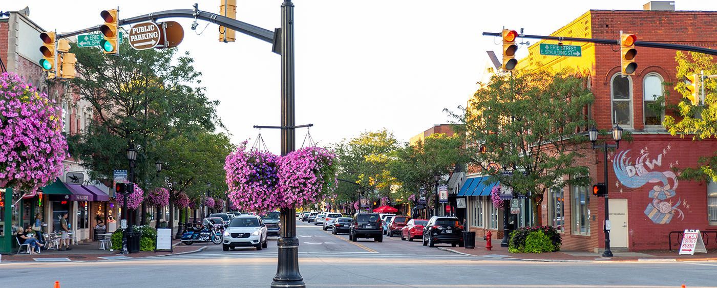 A street lined with buildings and trees with flowers. Cars drive down the road.