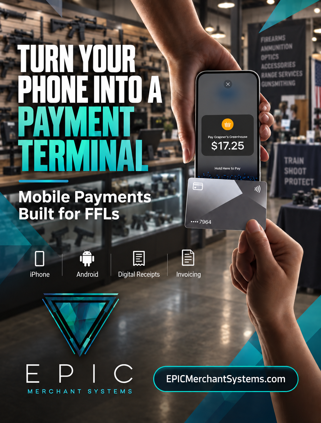 FFL merchant accepting a contactless card payment on a smartphone with EPIC Merchant Systems and Dej