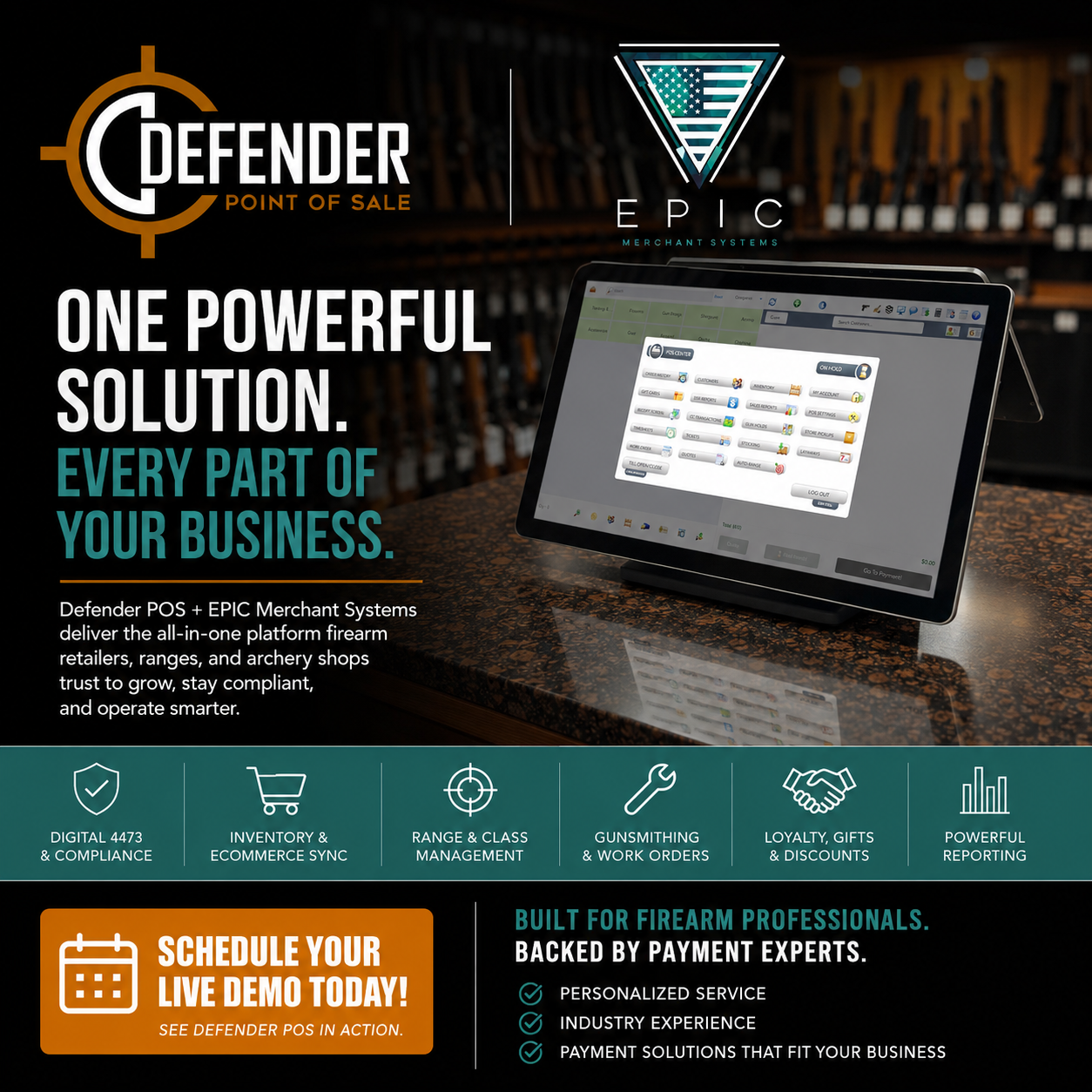 Defender POS and EPIC Merchant Systems helping FFL dealers manage inventory, compliance, and payment