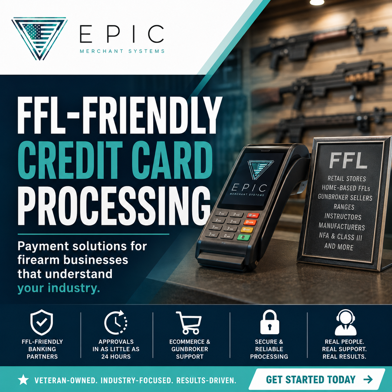 FFL-friendly credit card processing for firearm retailers, GunBroker sellers, home-based FFLs, NFA
