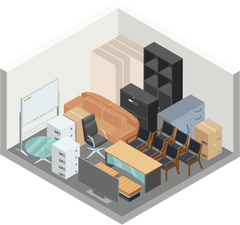 Isometric view of a storage unit packed with office furniture, including a couch, desk, chairs, and file cabinets.
